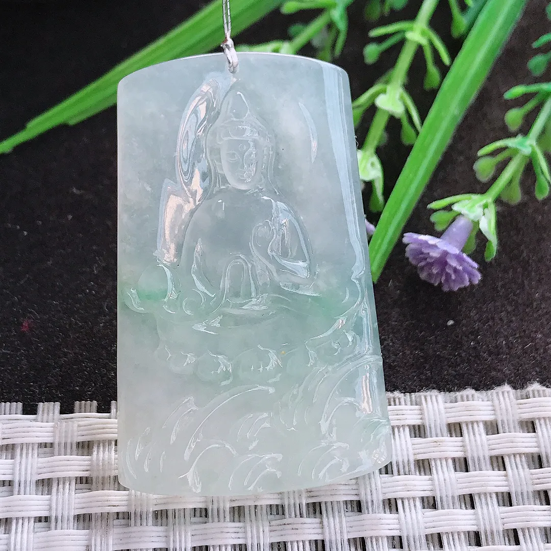 实拍A货翡翠47/29.5/5.5老坑冰胶果冻赐福观音吊坠翡翠挂件