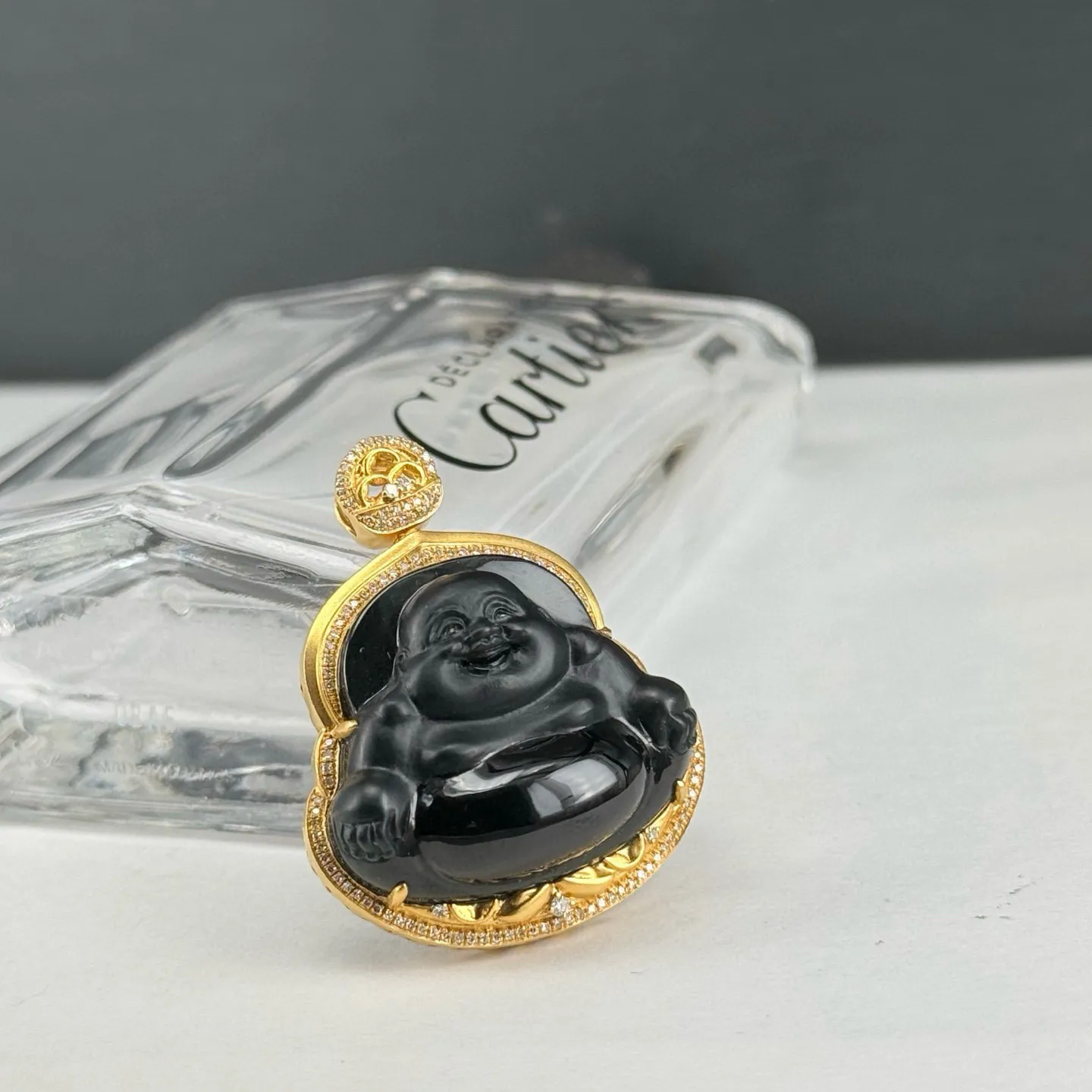 精品18k墨翠大肚佛 种好色正 黑度极好 打灯通透 油性十足  尺寸37.7