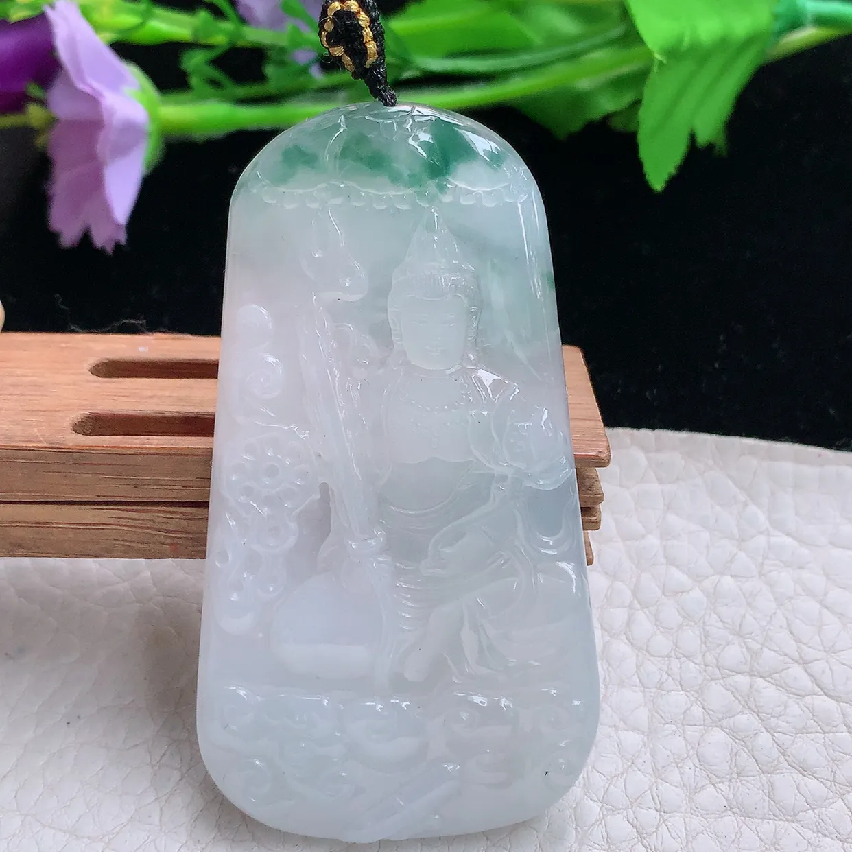 kh实拍67*37.3*5.3缅甸翡翠精雕飘花虚空藏 生肖守护神玉吊坠 玉挂件