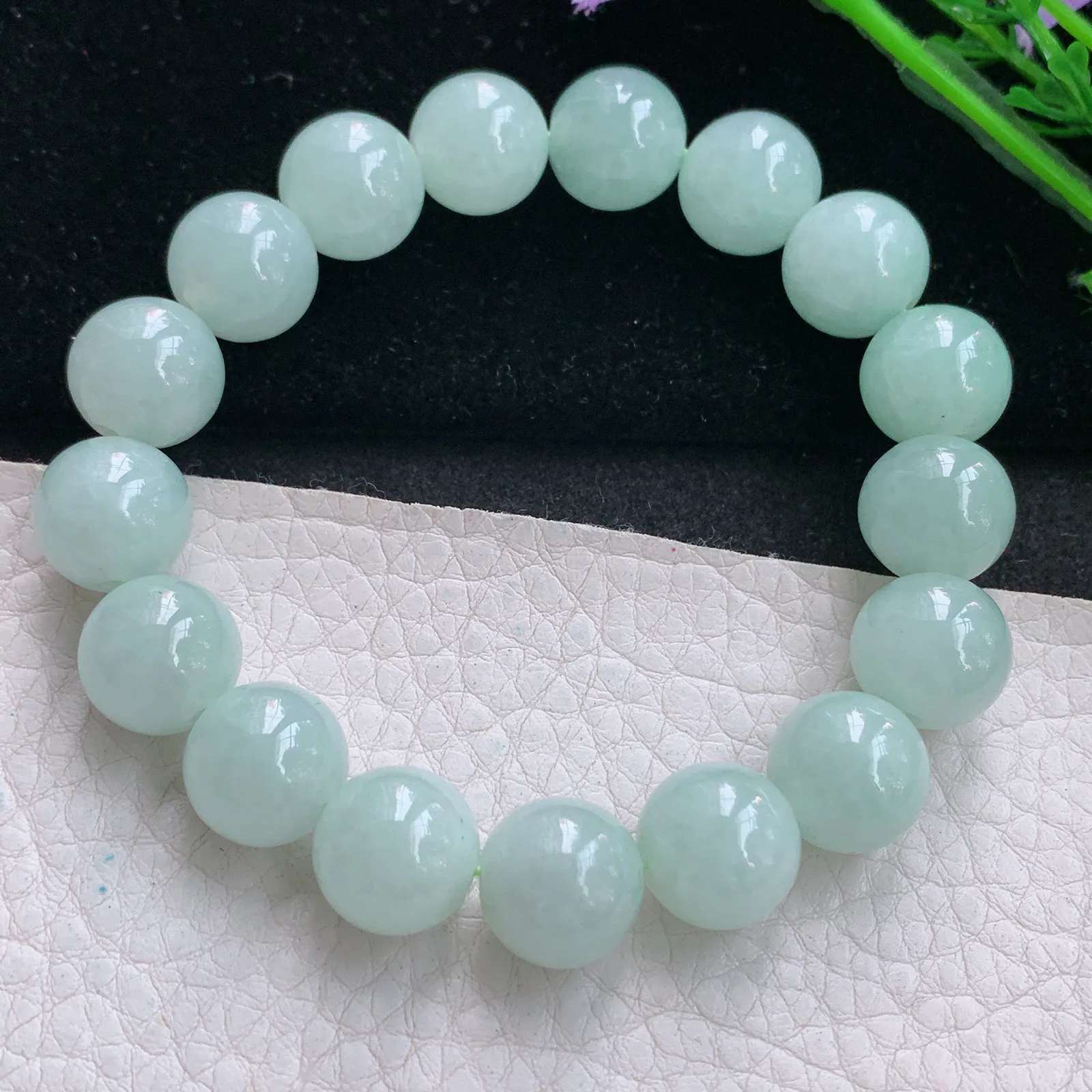 zen实拍 天然缅甸翡翠胶感晴绿12.3mm圆珠玉手链 玉手串