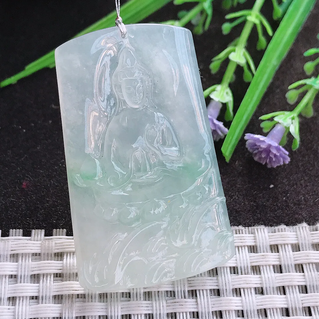 实拍A货翡翠47/29.5/5.5老坑冰胶果冻赐福观音吊坠翡翠挂件
