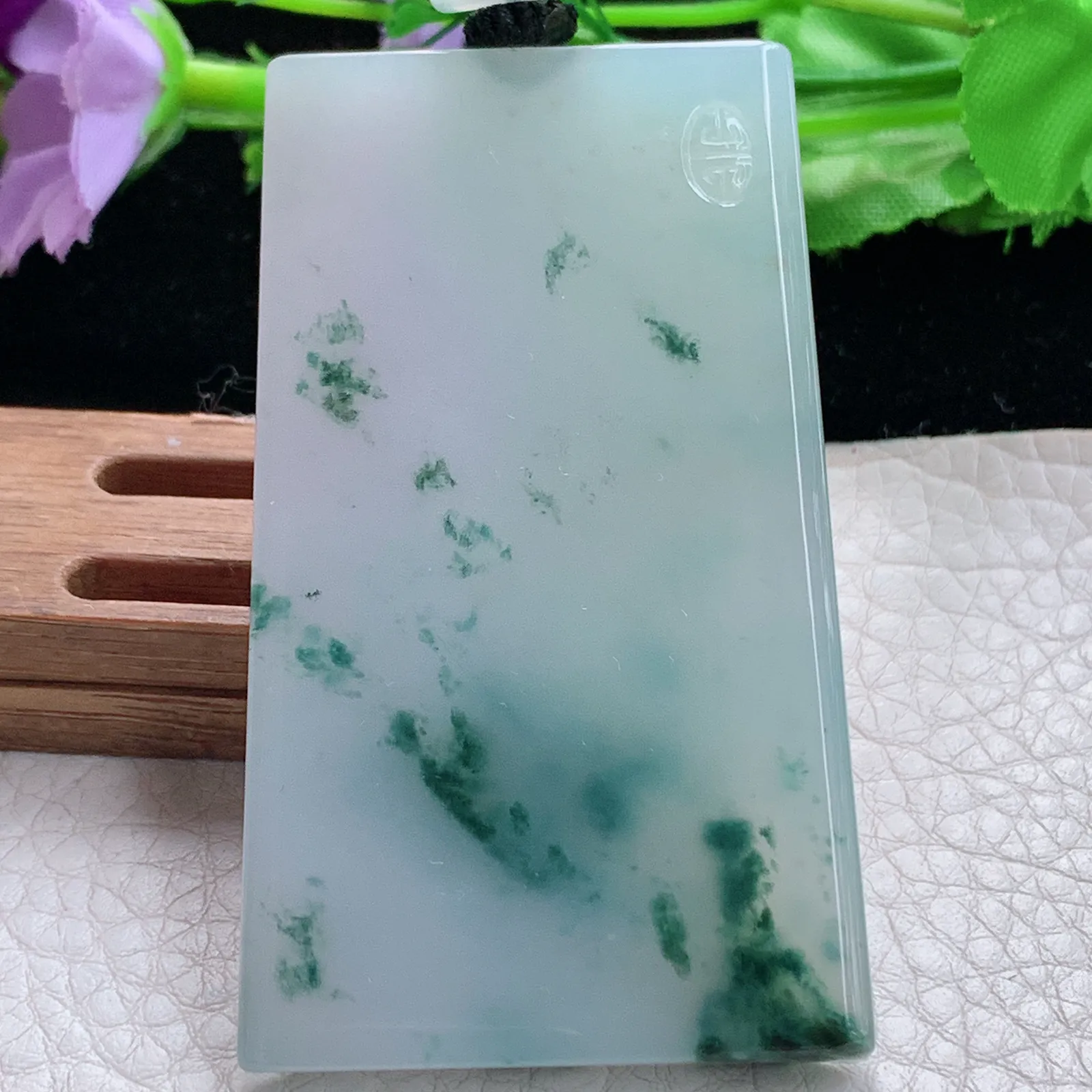 cys实拍63.9*39.6*6缅甸翡翠精雕冰飘花无事牌 素面牌玉吊坠