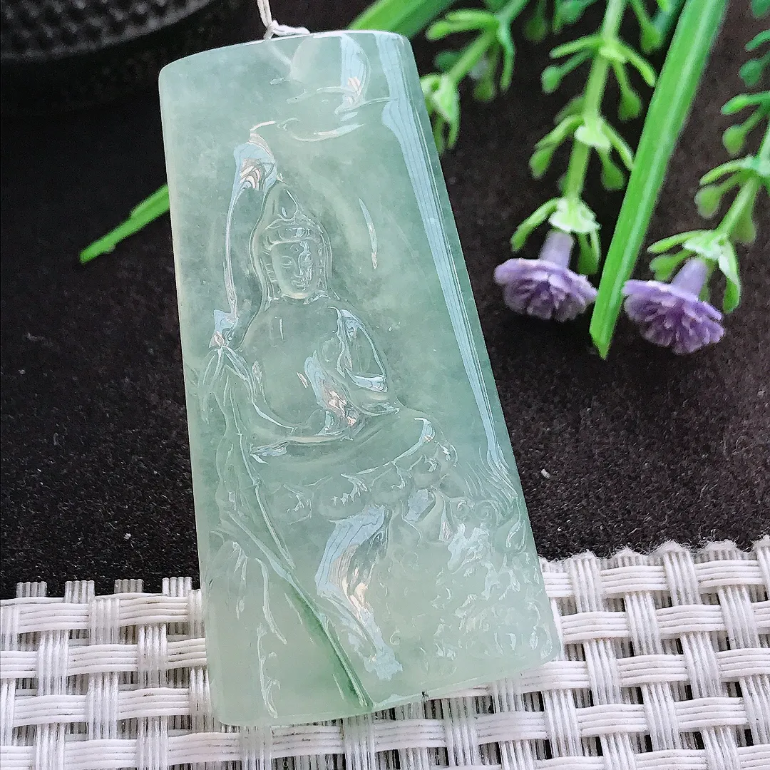 实拍A货翡翠54.6/28.8/5.8老坑冰种果冻胶冰晴文殊菩萨吊坠翡翠挂件