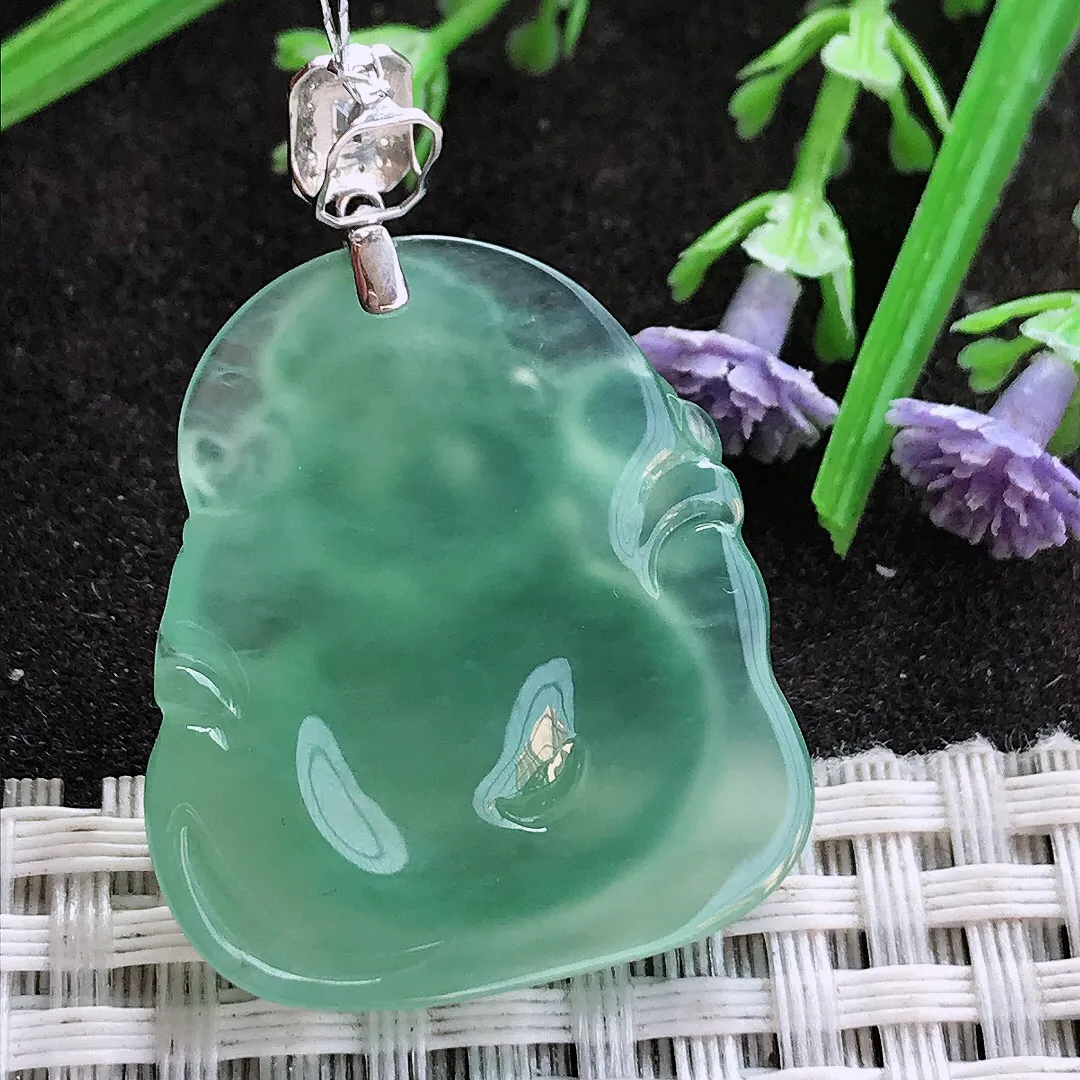 实拍A货翡翠30.6/26.8/6.6老坑18k金镶嵌冰种果冻胶冰晴绿财神爷吊坠翡翠挂件