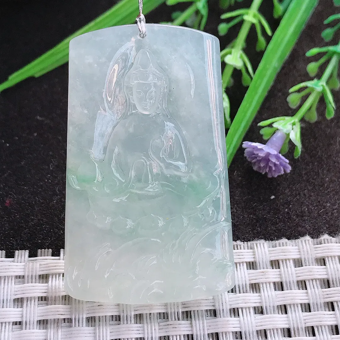 实拍A货翡翠47/29.5/5.5老坑冰胶果冻赐福观音吊坠翡翠挂件