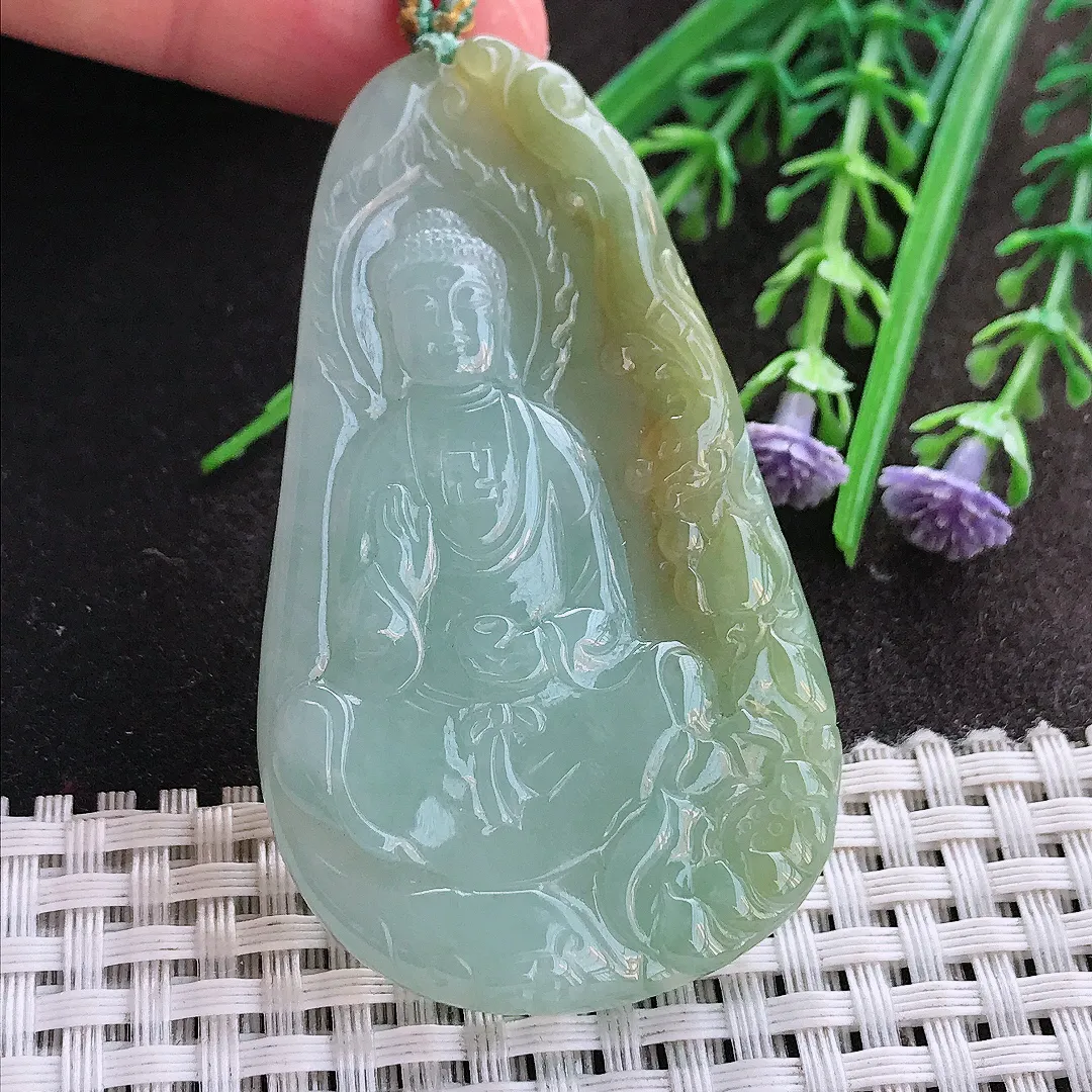 实拍A货翡翠63.8/37.3/5.7老坑冰润起胶黄加绿阿弥陀佛吊坠翡翠挂件