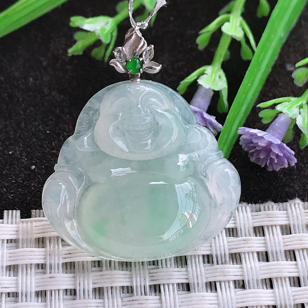 实拍A货翡翠27/29.8/5.8老坑18k金镶嵌冰胶佛公吊坠翡翠玉佛挂件