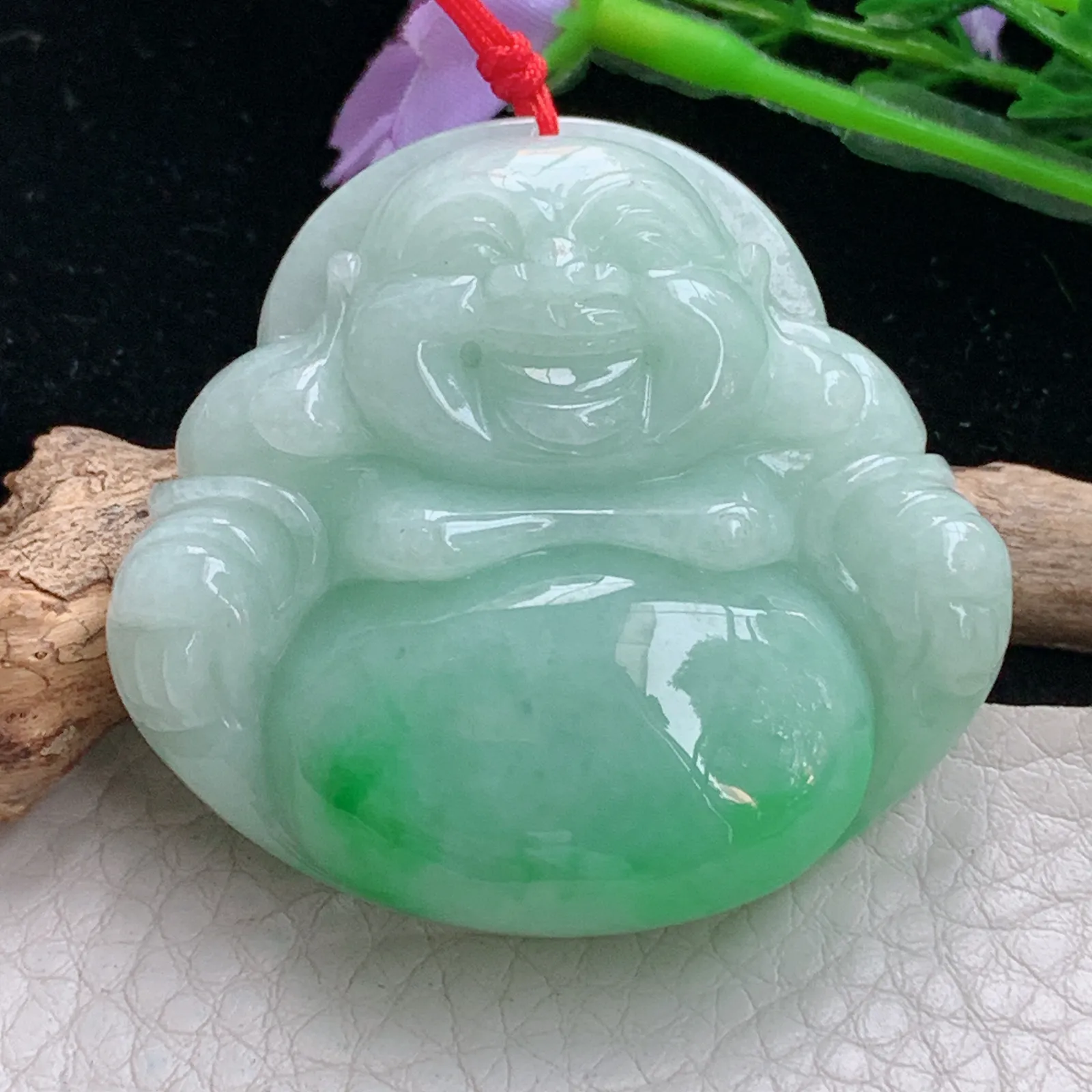 zen实拍44.5*48.3*12天然缅甸翡翠飘绿大佛公 弥勒佛玉吊坠 毛衣坠
