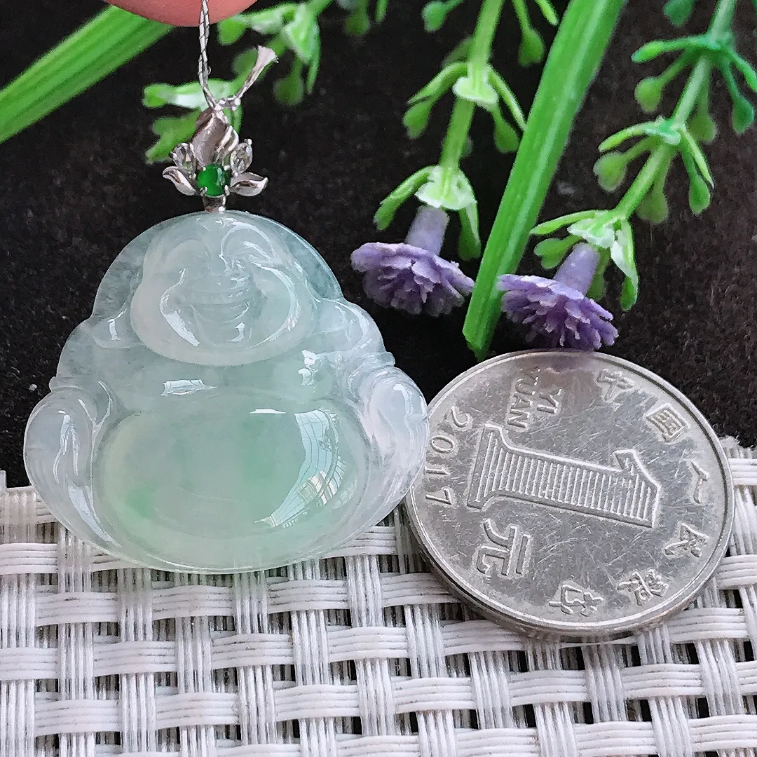 实拍A货翡翠27/29.8/5.8老坑18k金镶嵌冰胶佛公吊坠翡翠玉佛挂件