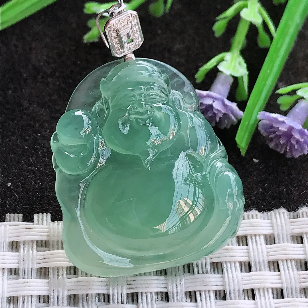 实拍A货翡翠30.6/26.8/6.6老坑18k金镶嵌冰种果冻胶冰晴绿财神爷吊坠翡翠挂件