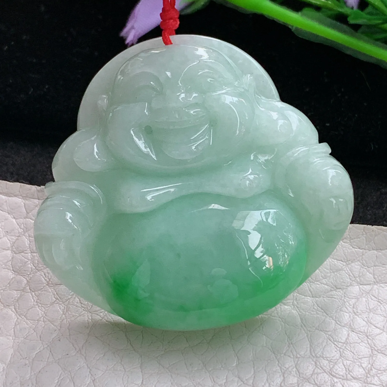 zen实拍44.5*48.3*12天然缅甸翡翠飘绿大佛公 弥勒佛玉吊坠 毛衣坠