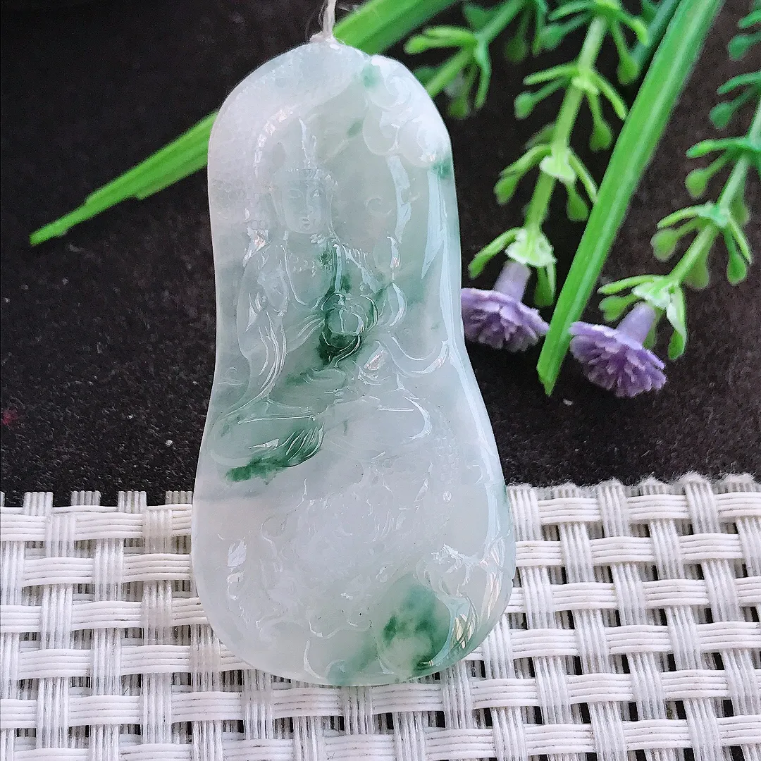 实拍A货翡翠54.2/27.5/5老坑冰胶水灵冰飘花御龙观音吊坠翡翠挂件