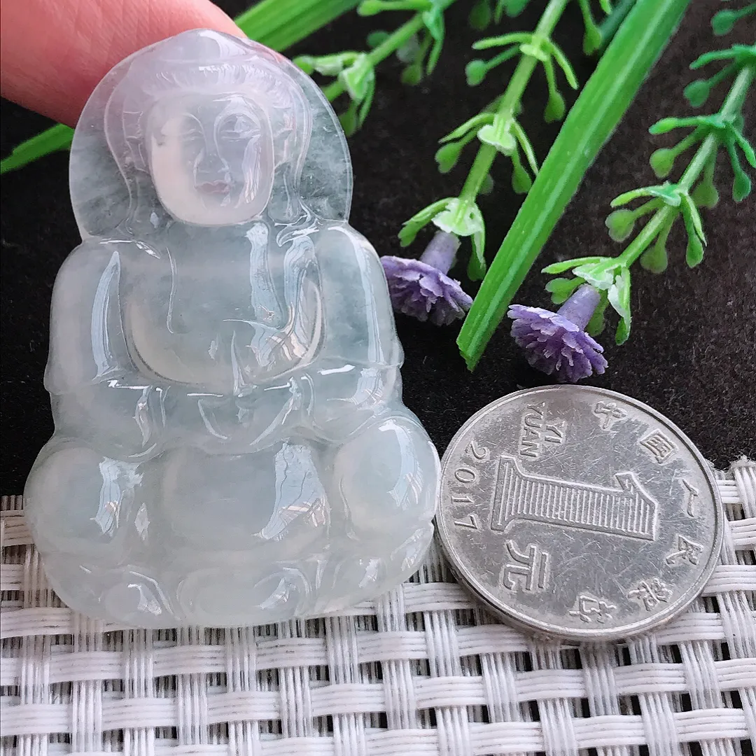 实拍A货翡翠49.7/34.3/5.8老坑冰透起胶白冰正装观音吊坠翡翠挂件