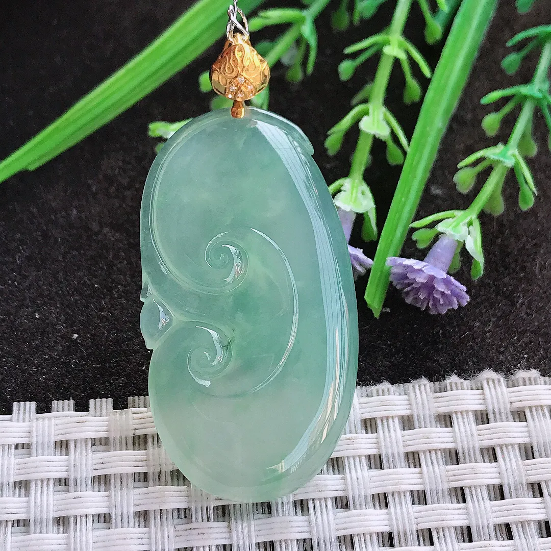 实拍A货翡翠41.6/23/5.1老坑18k金镶嵌起胶冰晴绿如意吊坠翡翠挂件