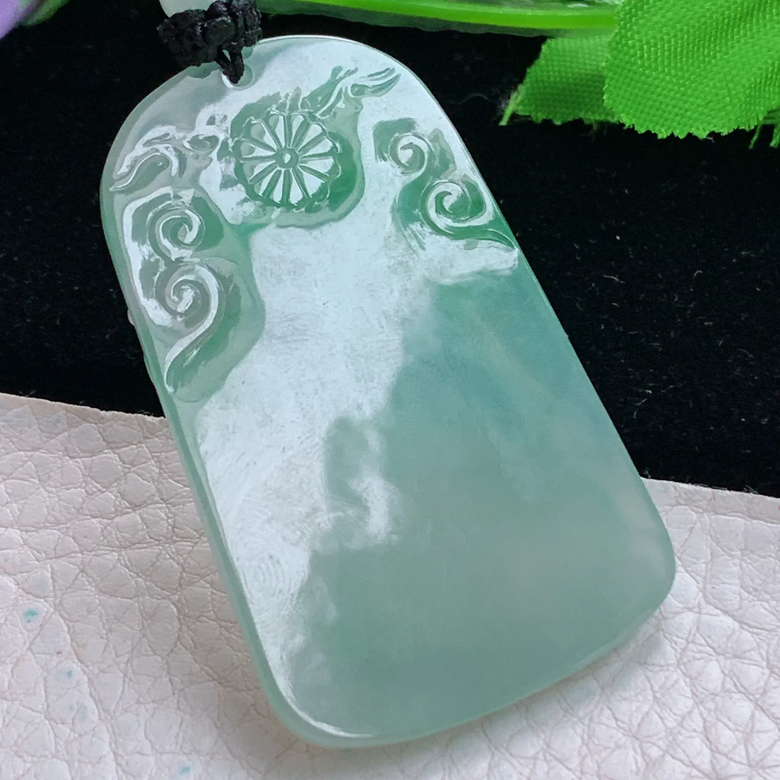 yl实拍55.5*34*5.8缅甸翡翠精雕冰胶飘绿山水观音 玉观音玉挂件 玉吊坠