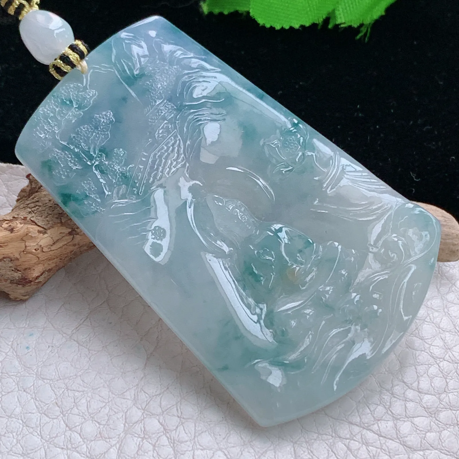 yl实拍65.5*42.5*5缅甸翡翠精雕冰胶飘紫花山水观音 玉观音玉吊坠