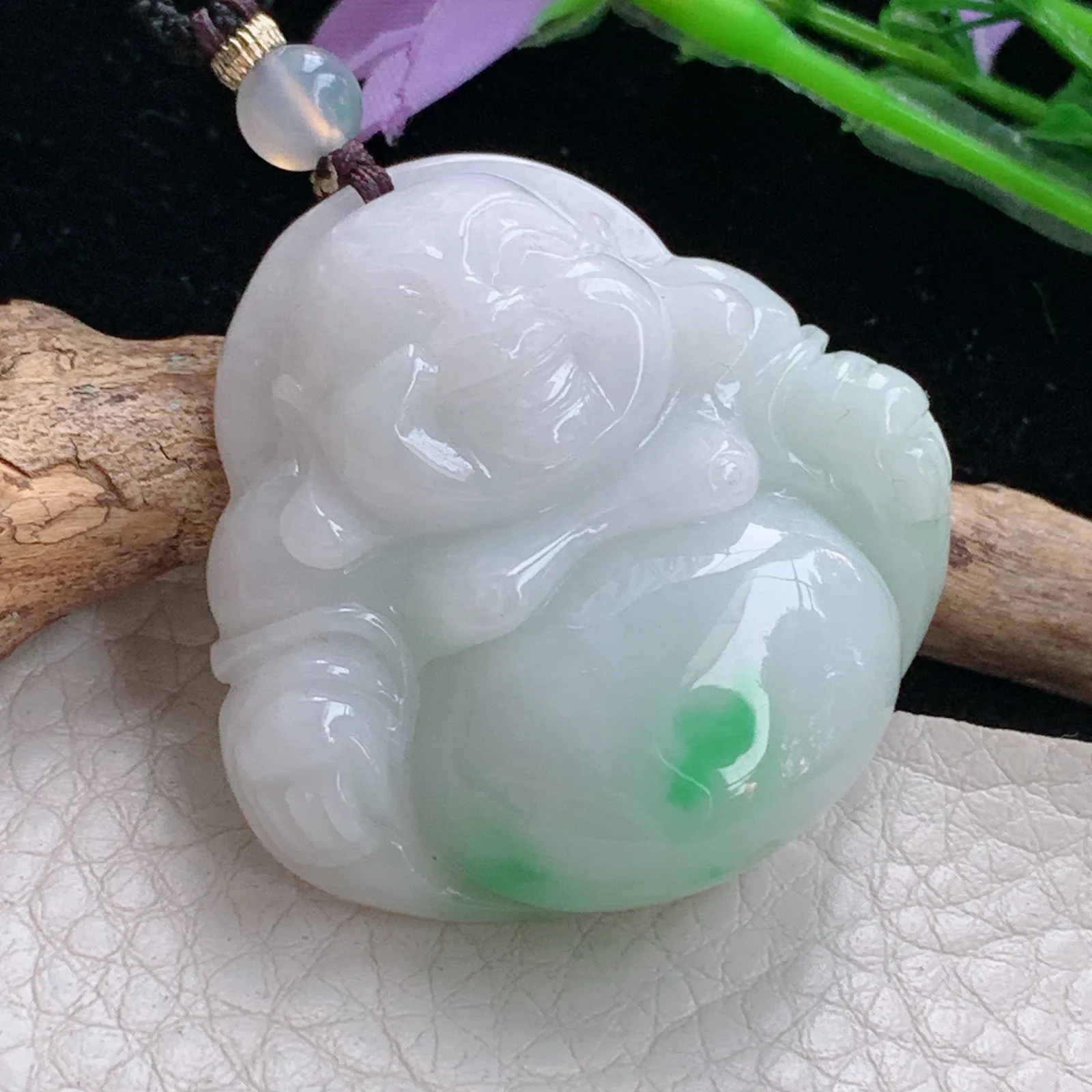 zen实拍39.8*40.6*12.2天然缅甸翡翠白底青佛公 弥勒佛玉吊坠 玉挂件