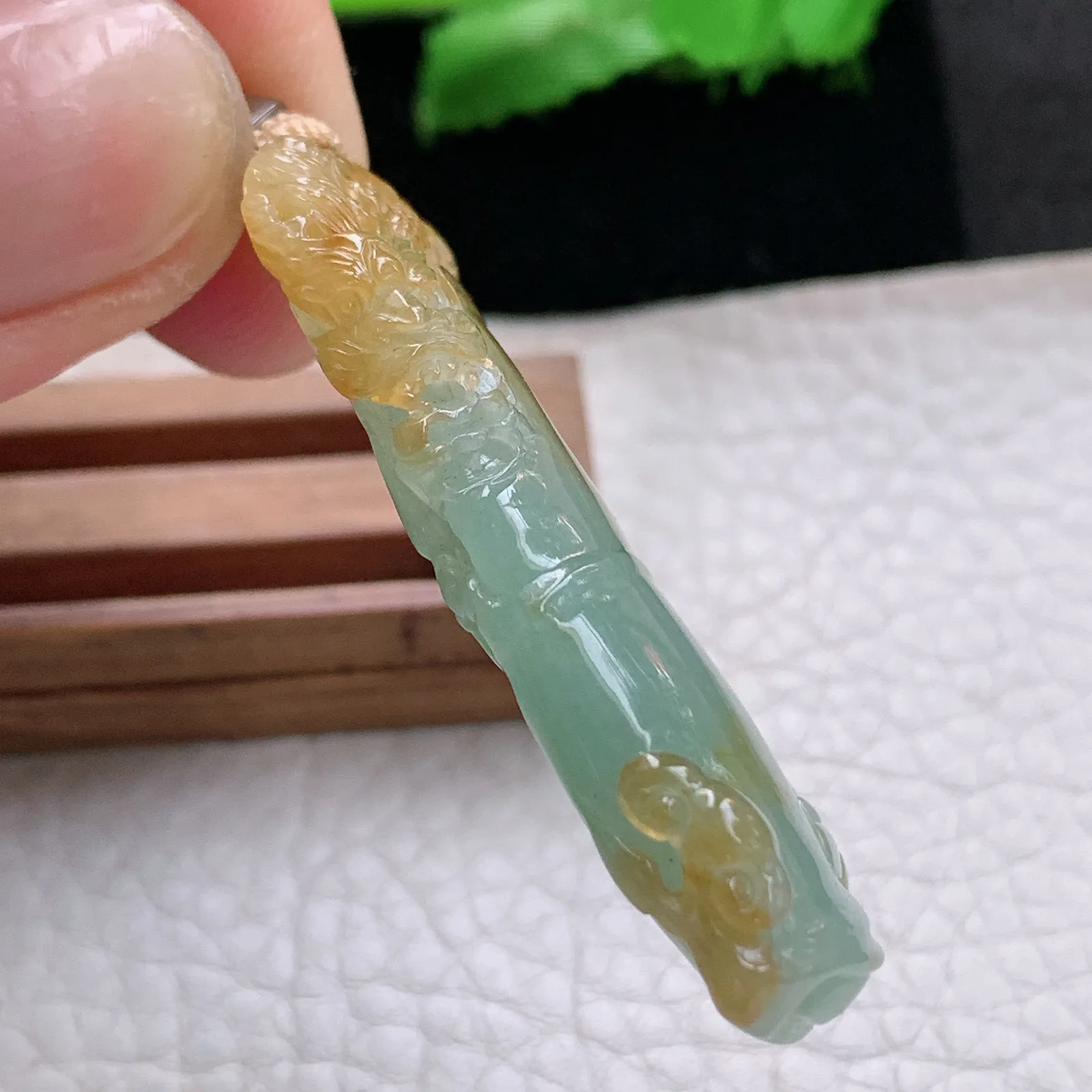 cys实拍47.8*18.3*8.2缅甸翡翠精雕冰双彩竹节 节节高玉吊坠