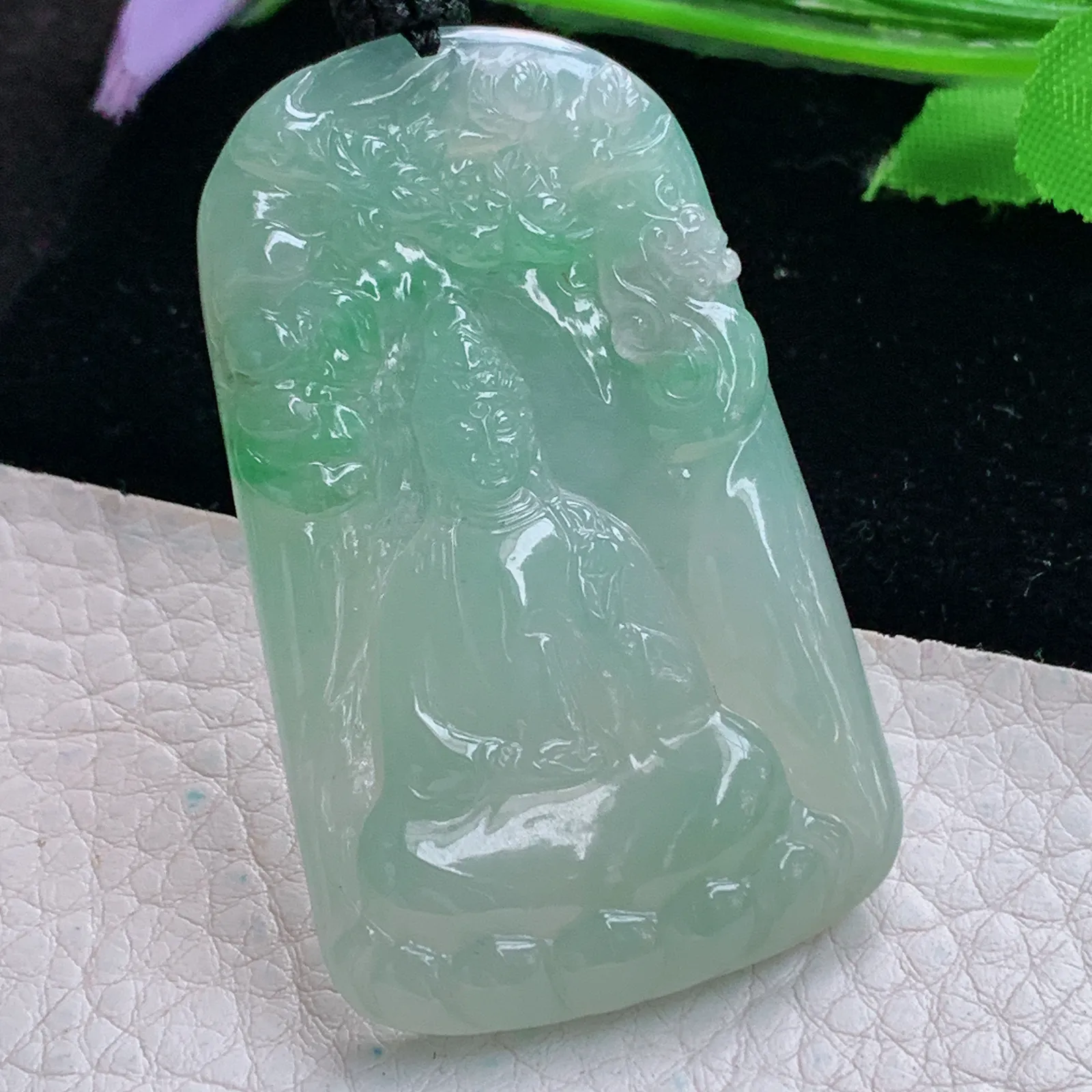 yl实拍55.5*34*5.8缅甸翡翠精雕冰胶飘绿山水观音 玉观音玉挂件 玉吊坠