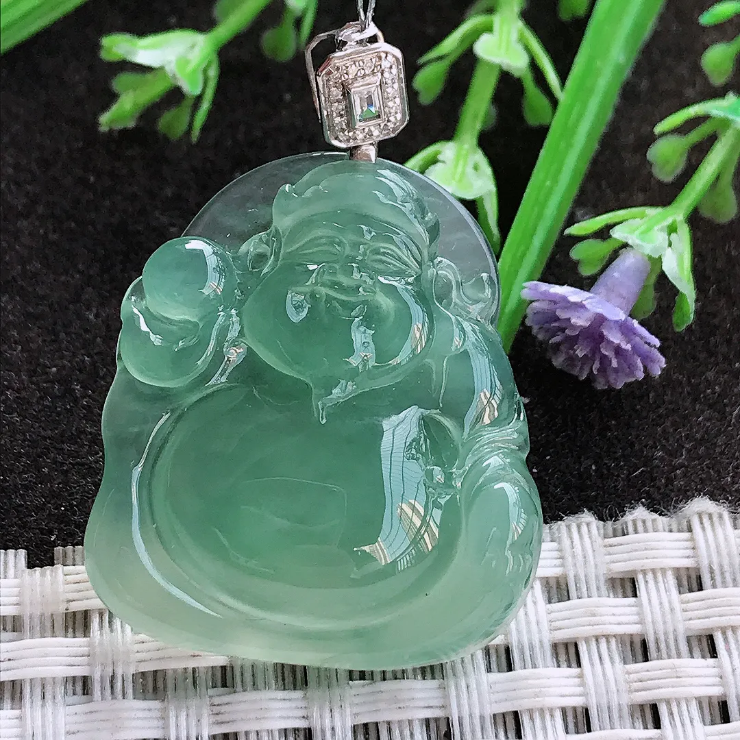 实拍A货翡翠30.6/26.8/6.6老坑18k金镶嵌冰种果冻胶冰晴绿财神爷吊坠翡翠挂件