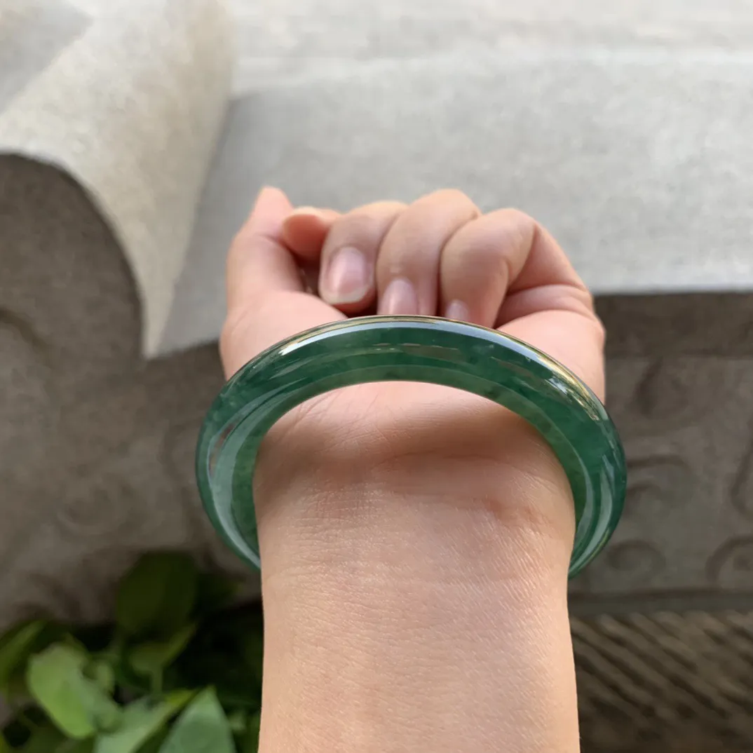 小圈口52.3-9.5 【水墨绿圆条手镯】圆条52 53可戴