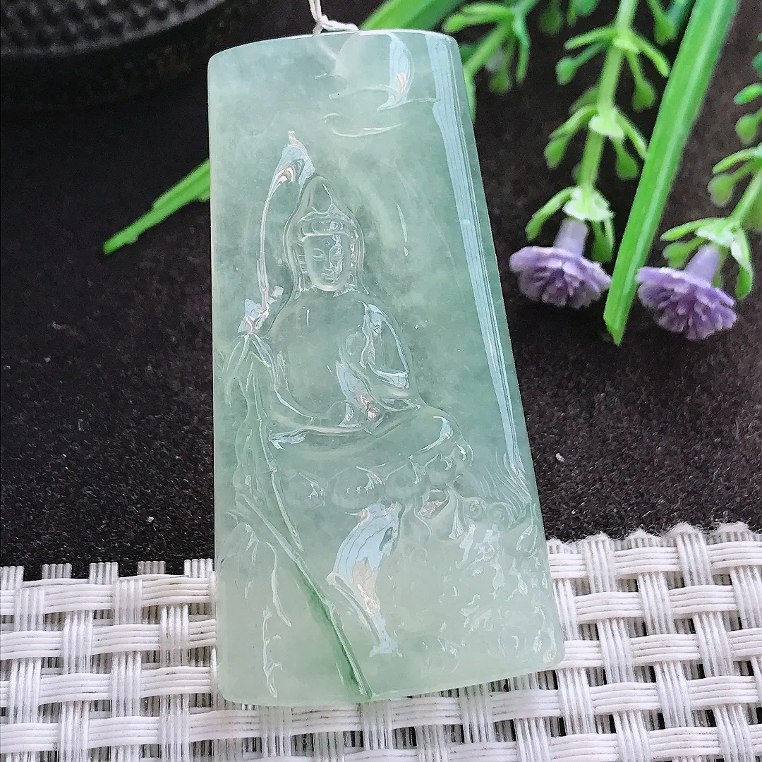 实拍A货翡翠54.6/28.8/5.8老坑冰种果冻胶冰晴文殊菩萨吊坠翡翠挂件