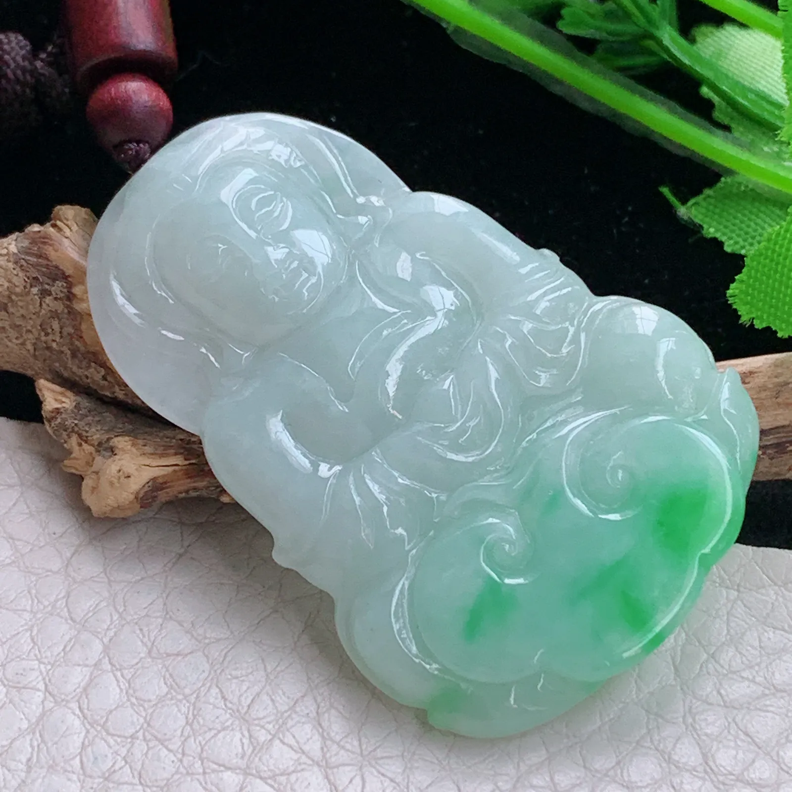 zen实拍51.8*35.5*5.8天然缅甸翡翠白底青正庄观音 玉观音玉吊坠 玉挂件