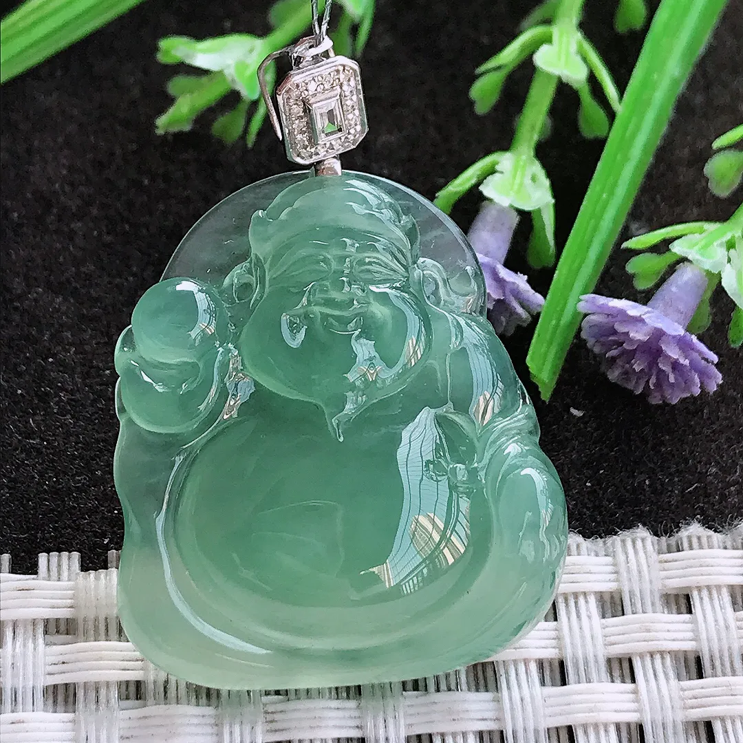 实拍A货翡翠30.6/26.8/6.6老坑18k金镶嵌冰种果冻胶冰晴绿财神爷吊坠翡翠挂件