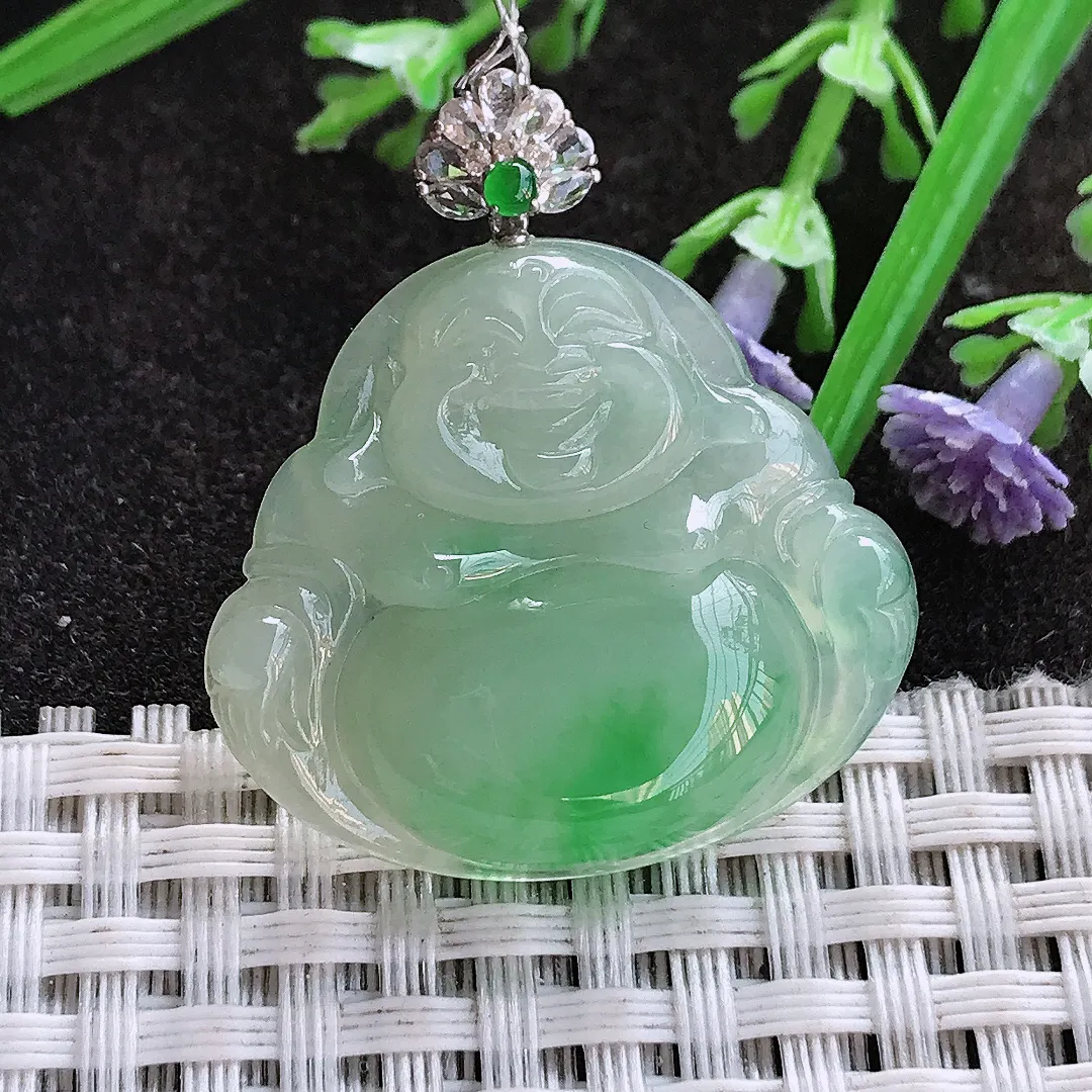 实拍A货翡翠27.5/31/5.6老坑18k金镶嵌冰胶满绿阳绿佛公吊坠翡翠挂件