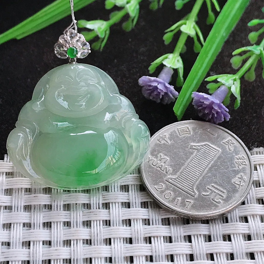 实拍A货翡翠27.5/31/5.6老坑18k金镶嵌冰胶满绿阳绿佛公吊坠翡翠挂件