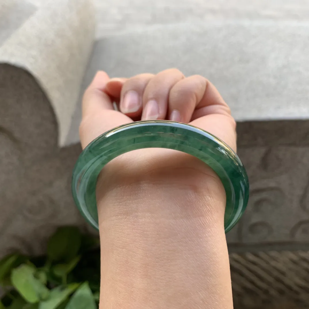 小圈口52.3-9.5 【水墨绿圆条手镯】圆条52 53可戴