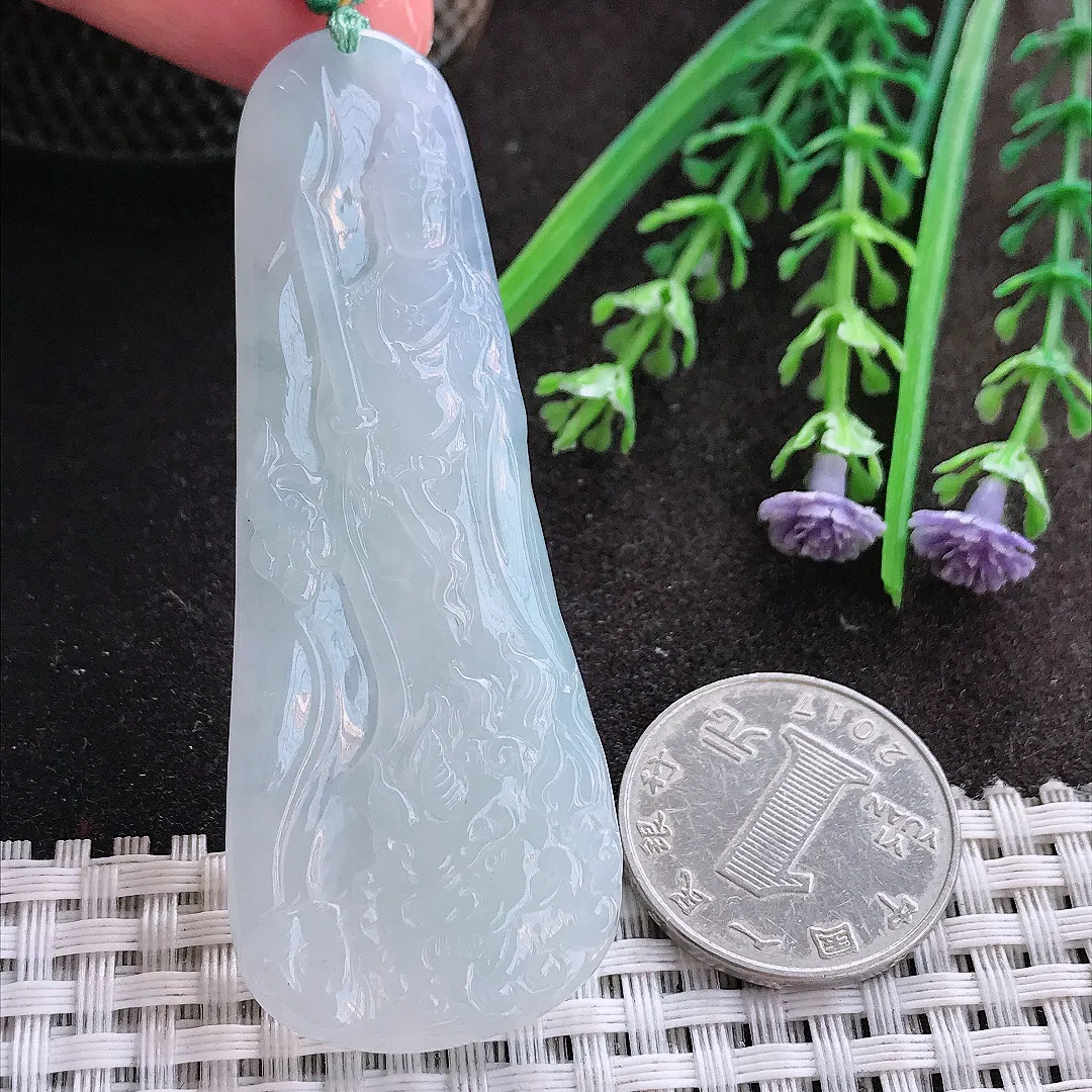 实拍A货翡翠69.2/26/6老坑冰胶水灵文殊菩萨吊坠翡翠挂件