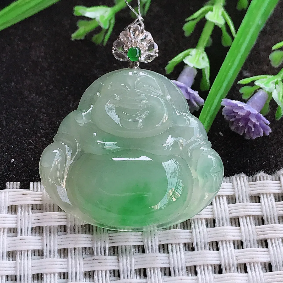 实拍A货翡翠27.5/31/5.6老坑18k金镶嵌冰胶满绿阳绿佛公吊坠翡翠挂件