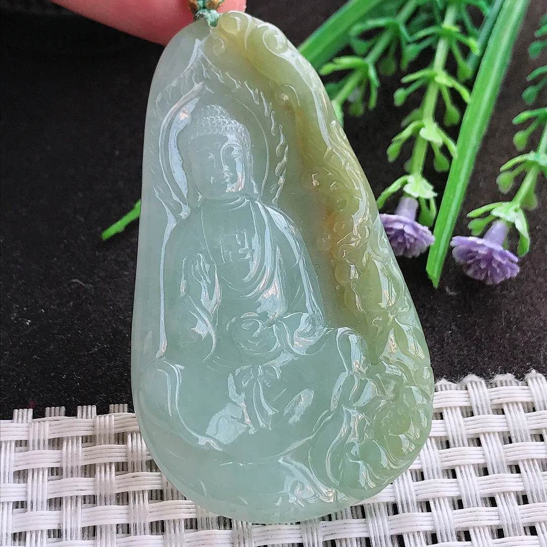 实拍A货翡翠63.8/37.3/5.7老坑冰润起胶黄加绿阿弥陀佛吊坠翡翠挂件