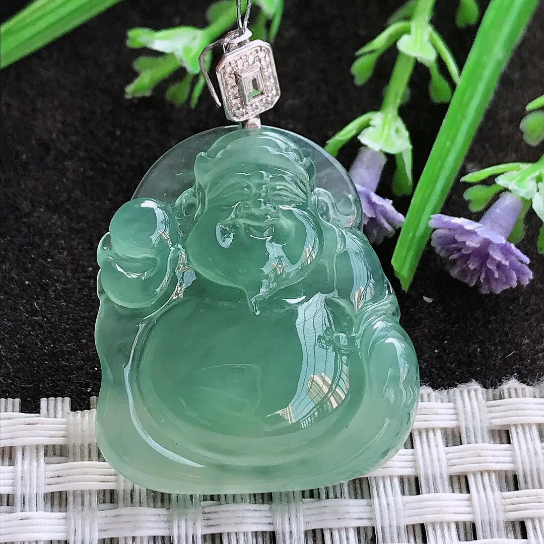 实拍A货翡翠30.6/26.8/6.6老坑18k金镶嵌冰种果冻胶冰晴绿财神爷吊坠翡翠挂件