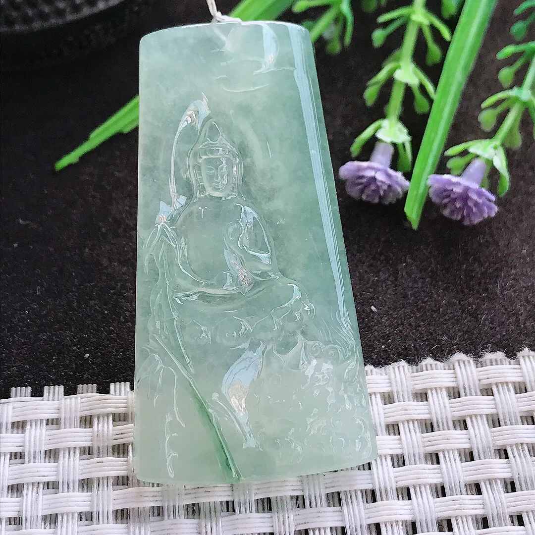 实拍A货翡翠54.6/28.8/5.8老坑冰种果冻胶冰晴文殊菩萨吊坠翡翠挂件