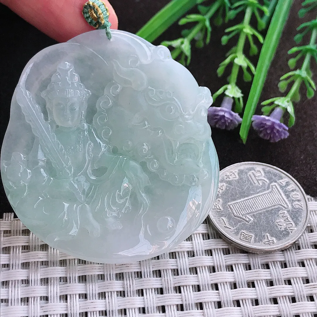 实拍A货翡翠53/48.8/6老坑冰润起胶文殊菩萨吊坠翡翠挂件