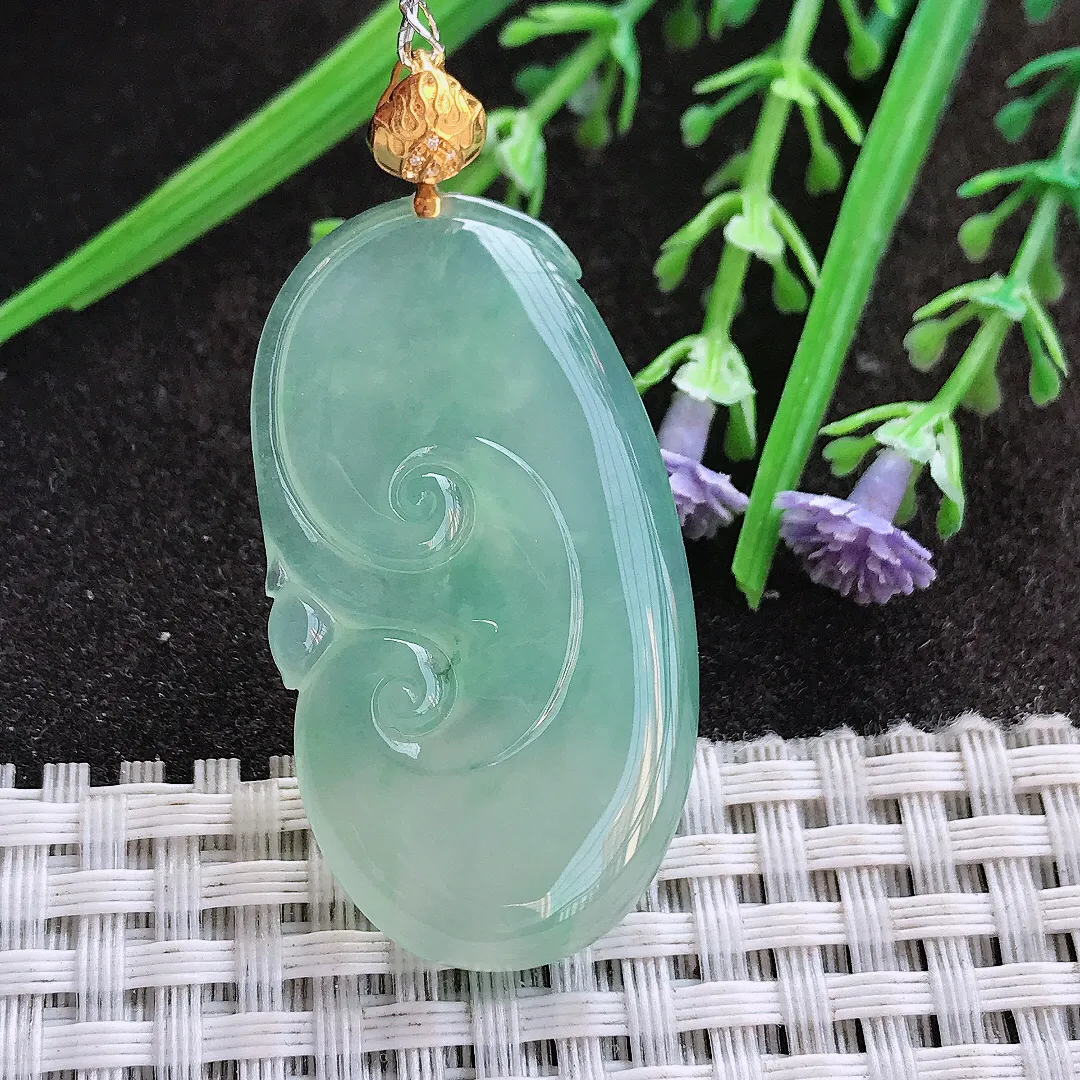 实拍A货翡翠41.6/23/5.1老坑18k金镶嵌起胶冰晴绿如意吊坠翡翠挂件