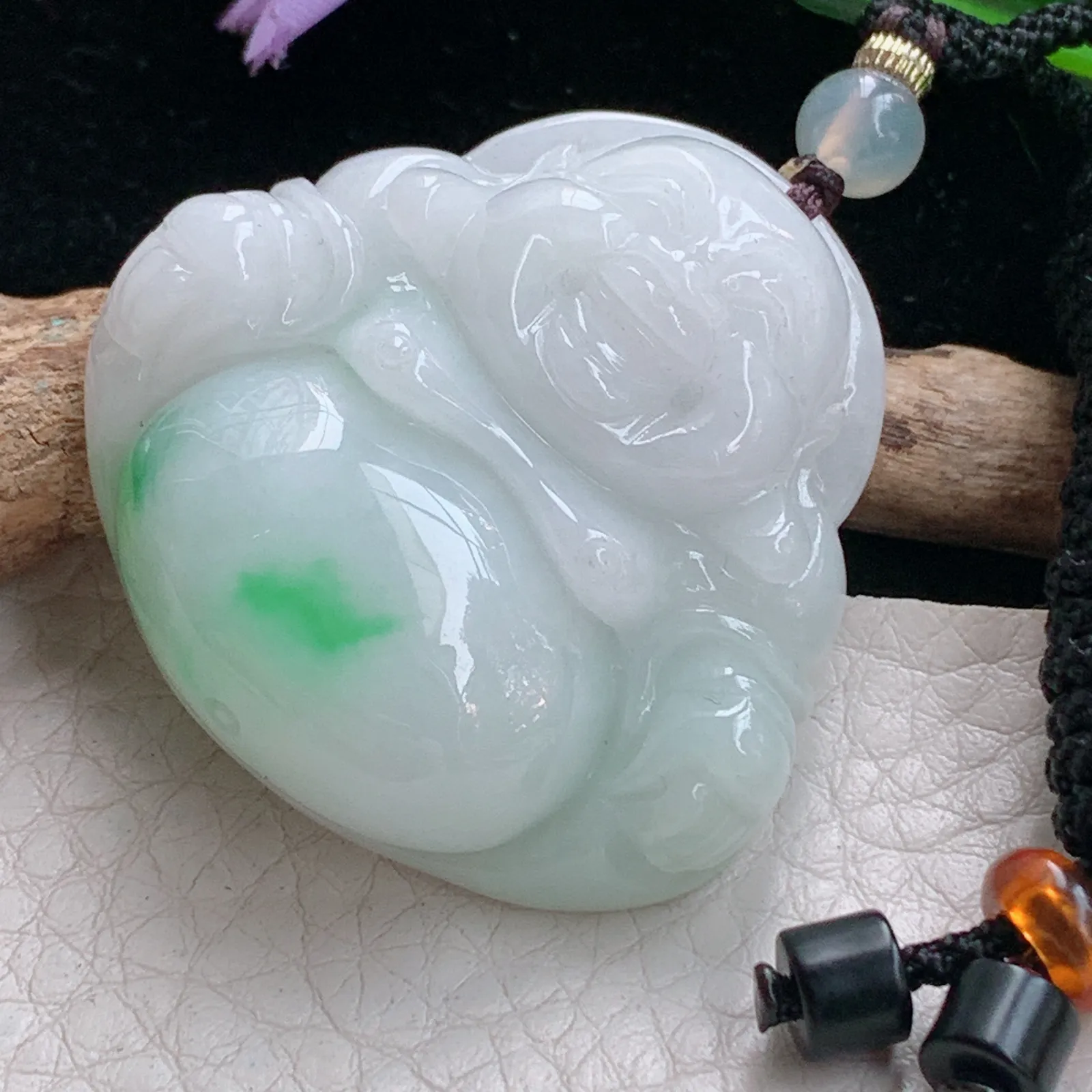 zen实拍39.8*40.6*12.2天然缅甸翡翠白底青佛公 弥勒佛玉吊坠 玉挂件