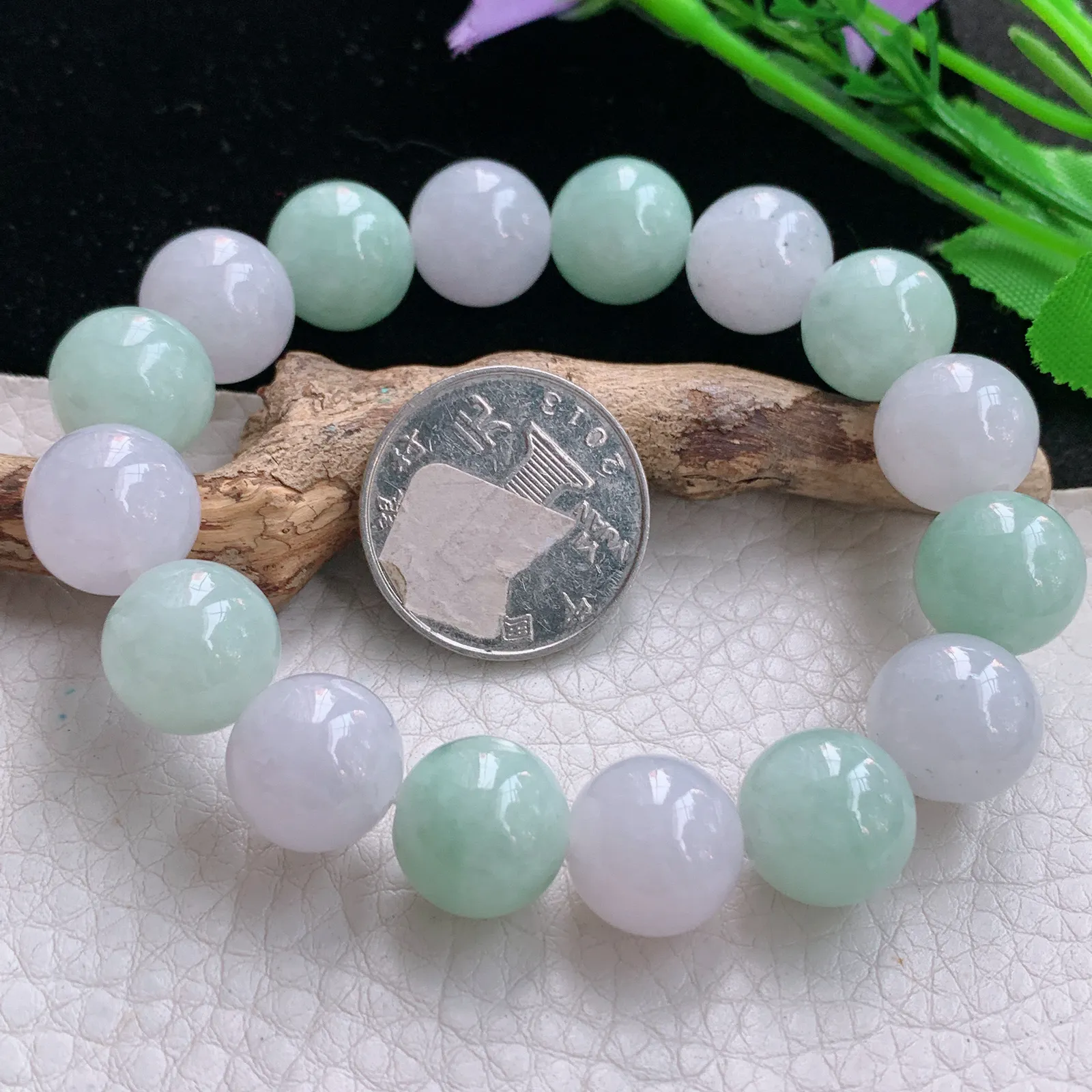 zen实拍 天然缅甸翡翠双彩水润13.5mm圆珠玉手链 玉手串