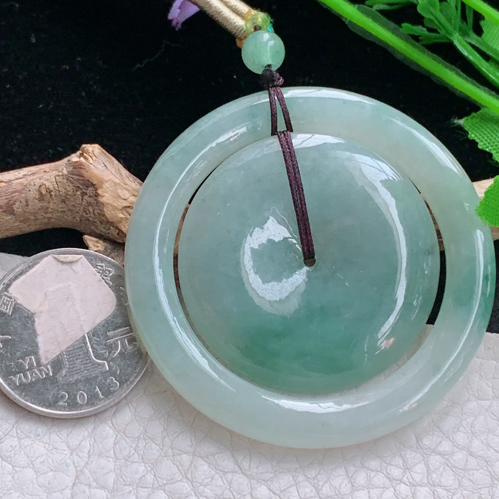 zen实拍54*5.6天然缅甸翡翠冰飘花子母扣 代代平安玉吊坠 毛衣坠