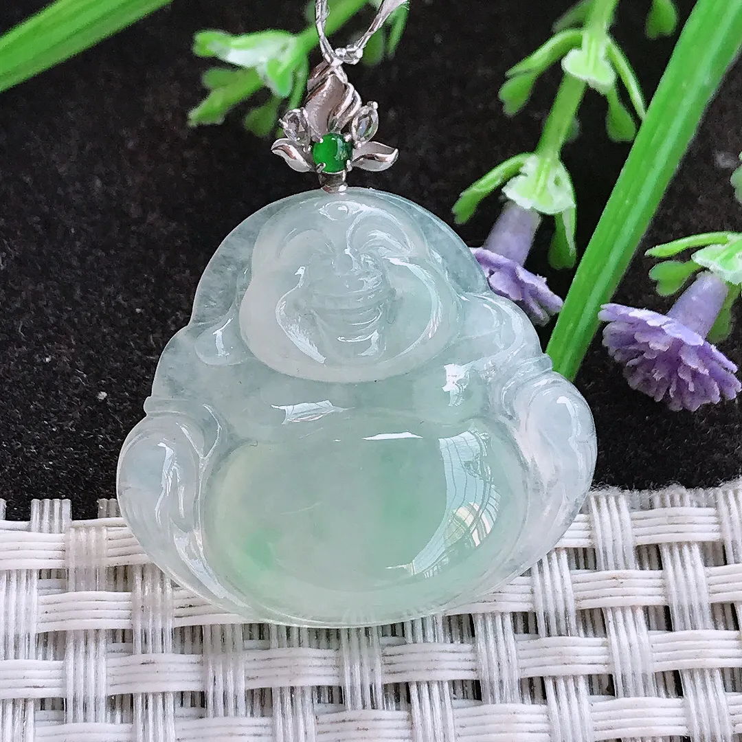 实拍A货翡翠27/29.8/5.8老坑18k金镶嵌冰胶佛公吊坠翡翠玉佛挂件