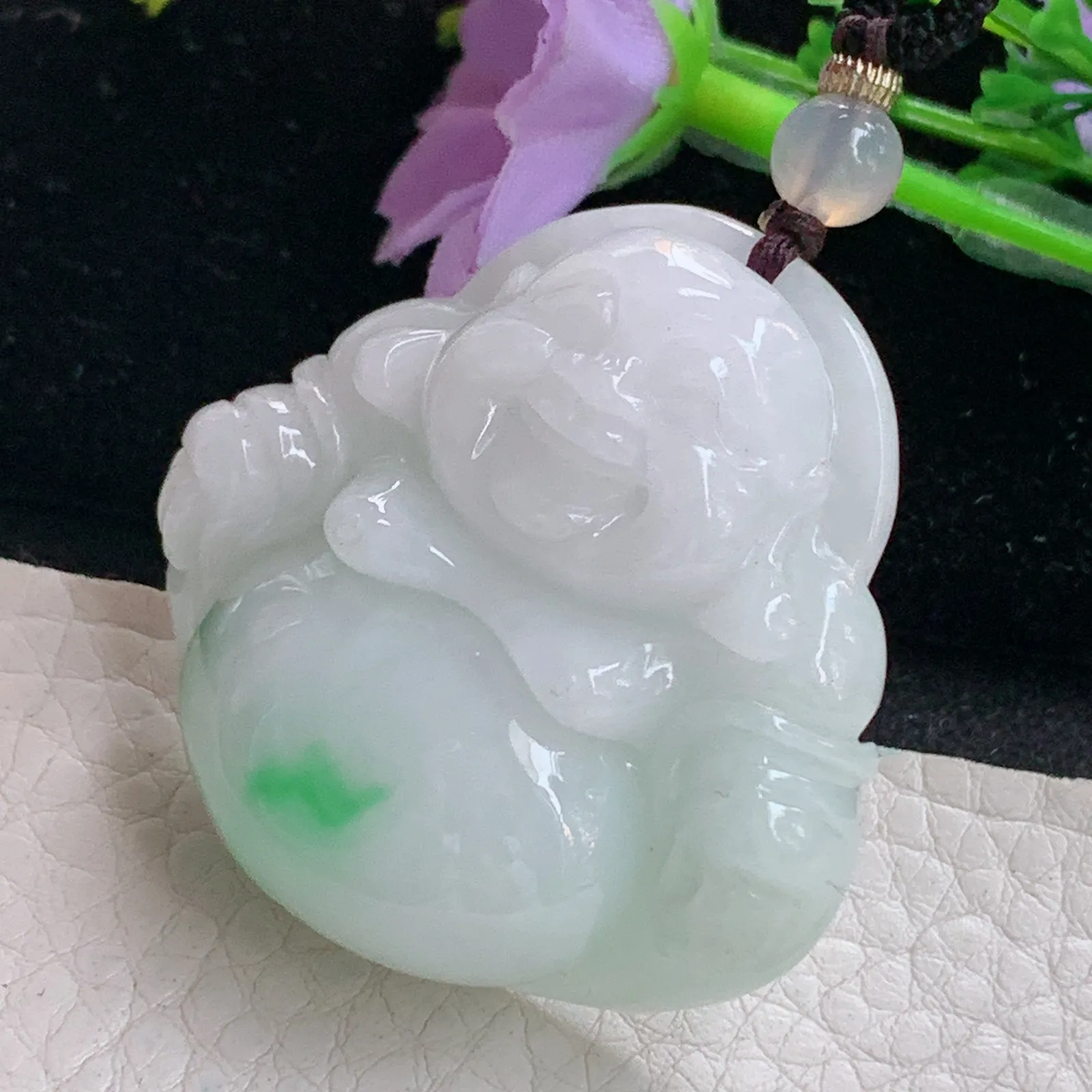 zen实拍39.8*40.6*12.2天然缅甸翡翠白底青佛公 弥勒佛玉吊坠 玉挂件