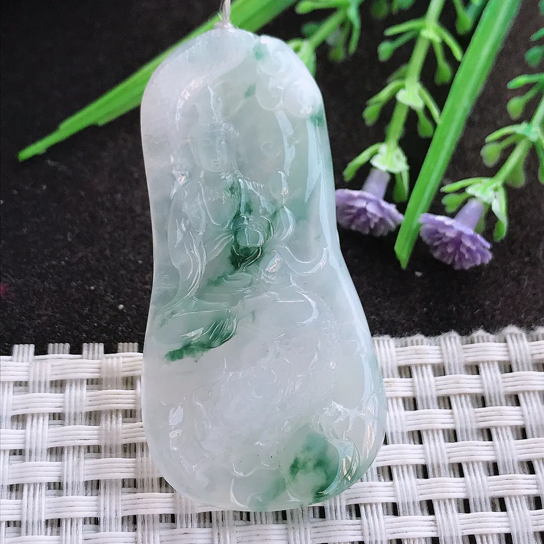 实拍A货翡翠54.2/27.5/5老坑冰胶水灵冰飘花御龙观音吊坠翡翠挂件