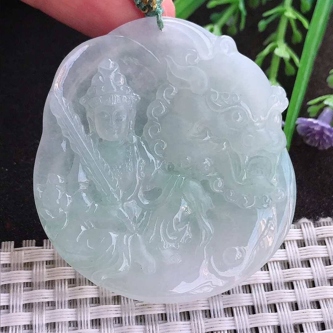 实拍A货翡翠53/48.8/6老坑冰润起胶文殊菩萨吊坠翡翠挂件