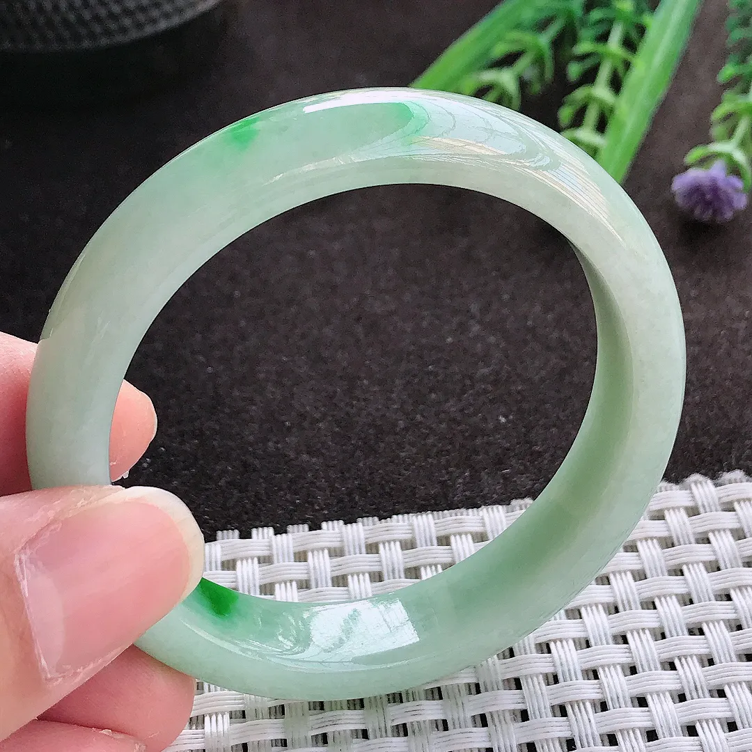 实拍翡翠A货50.5/11.5/7.2小圈口老坑精美飘阳绿手镯宽边翡翠玉镯女款百搭