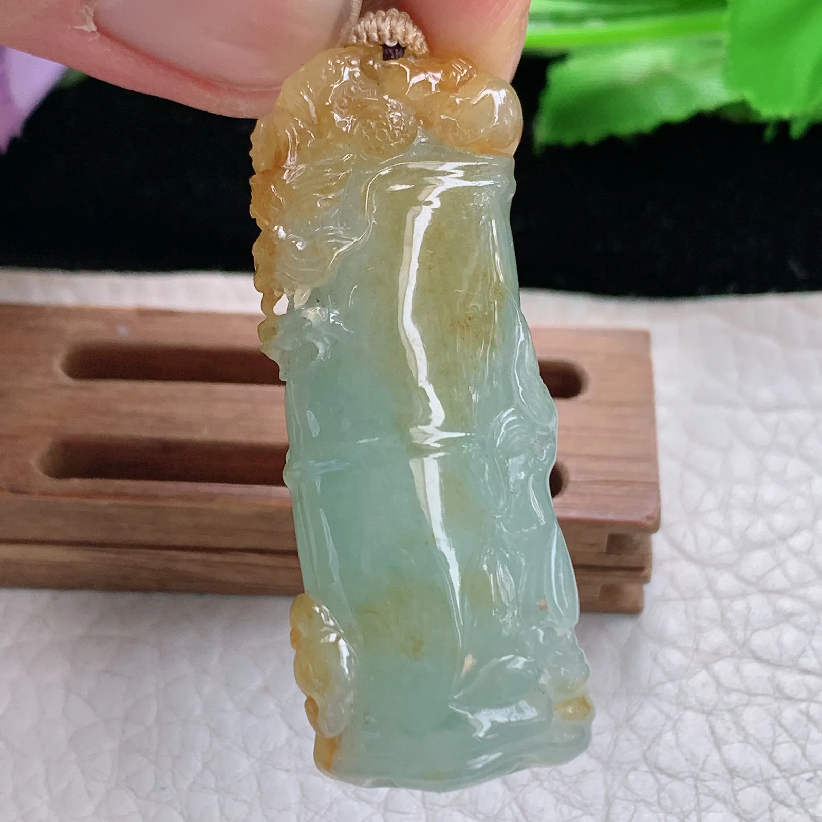 cys实拍47.8*18.3*8.2缅甸翡翠精雕冰双彩竹节 节节高玉吊坠