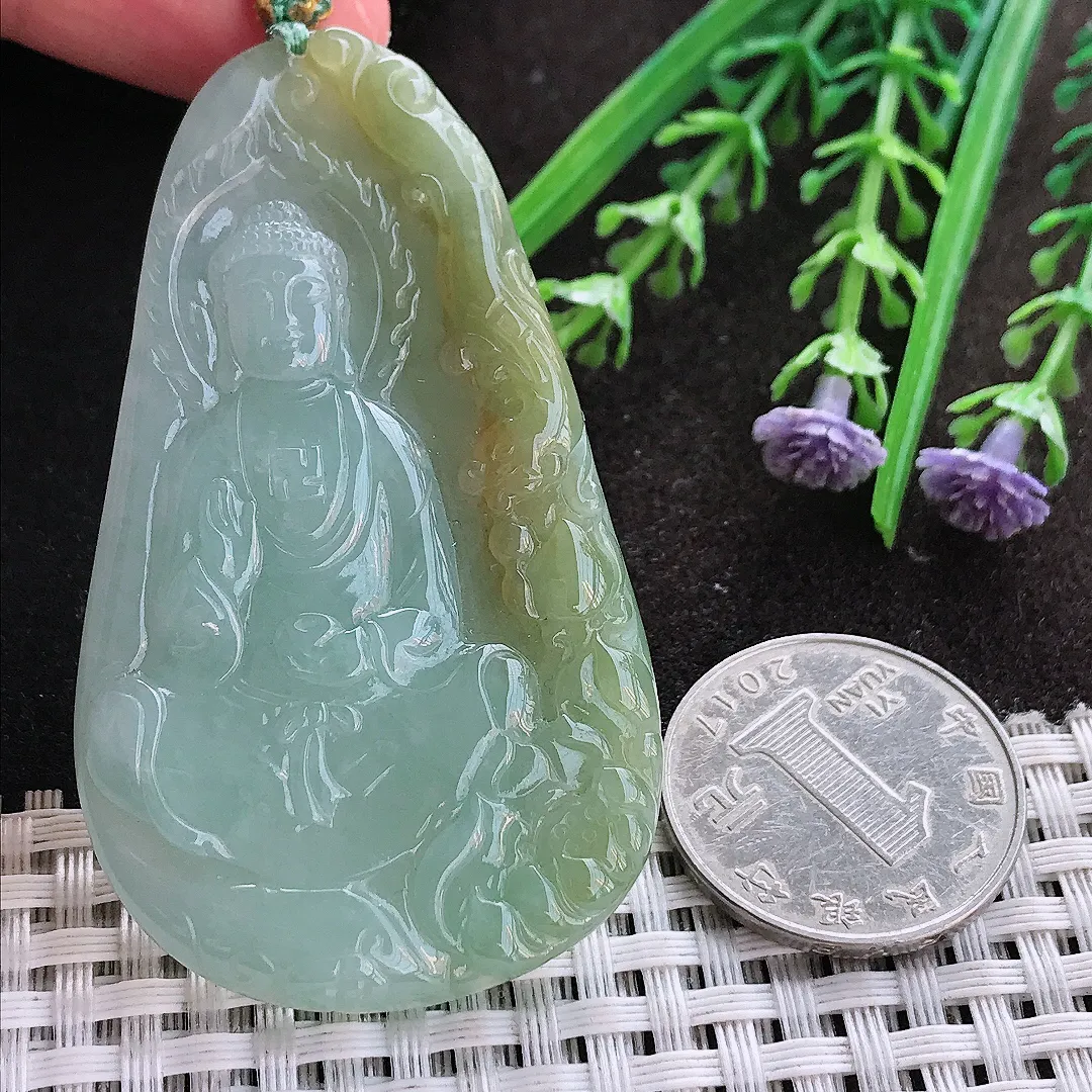 实拍A货翡翠63.8/37.3/5.7老坑冰润起胶黄加绿阿弥陀佛吊坠翡翠挂件