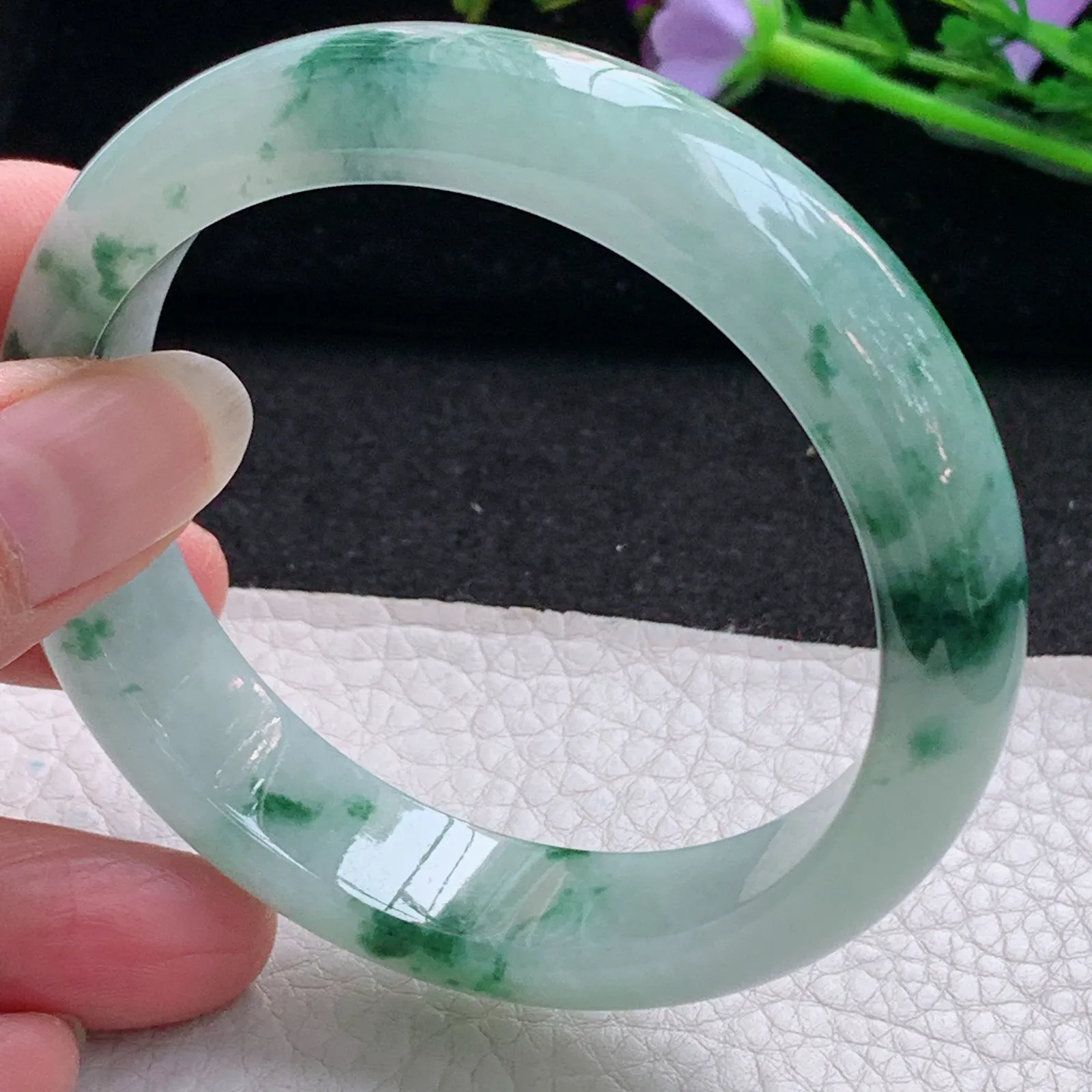 nc实拍57.5*13.8*7.8平安镯 天然缅甸翡翠冰飘花玉手镯宽边玉手环