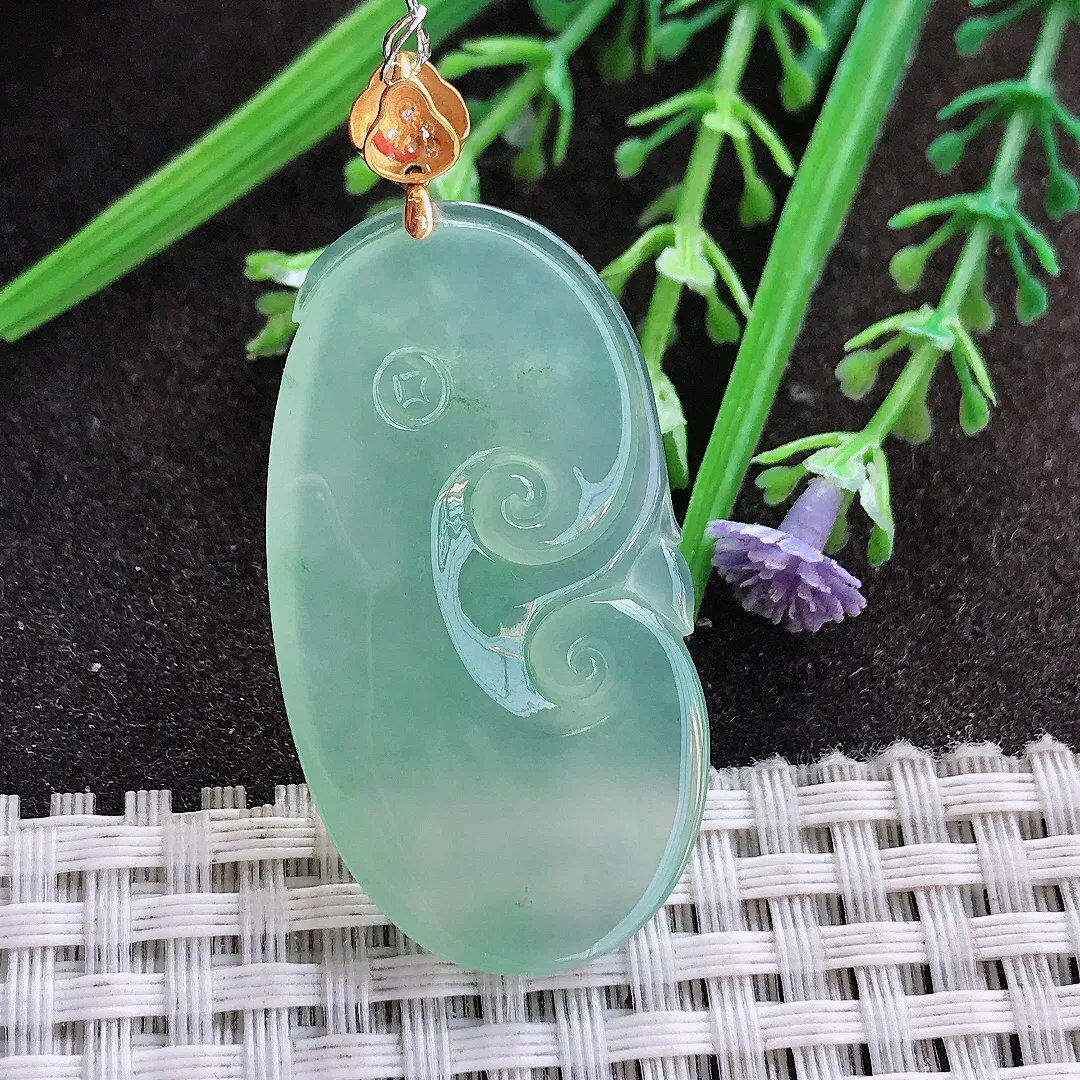 实拍A货翡翠41.6/23/5.1老坑18k金镶嵌起胶冰晴绿如意吊坠翡翠挂件